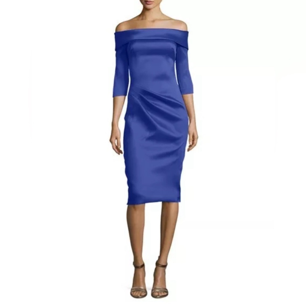 Theia 2 Solid Blue Satin Off The Shoulder Ruched Side Formal Dress